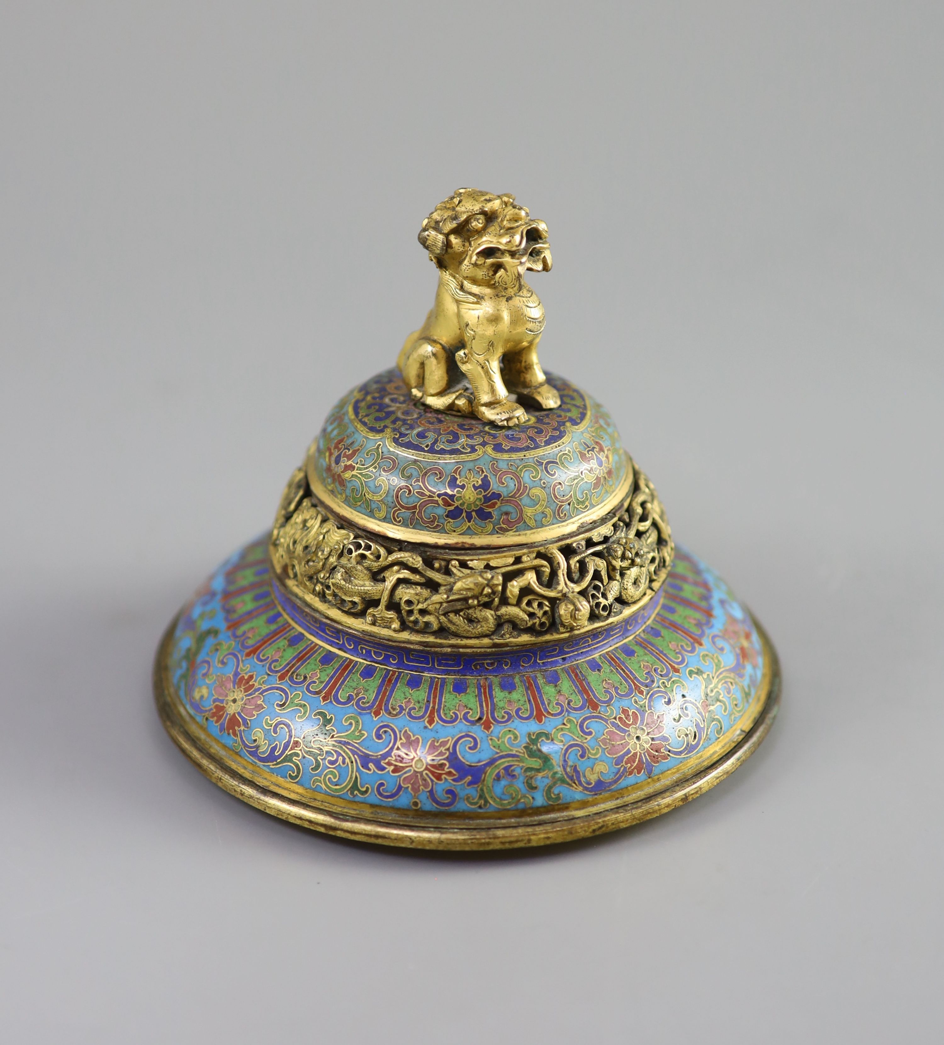 A Chinese cloisonné enamel and gilt bronze cover, late Ming/early Qing, 17th century, 11.5 cm high, 13.5 cm diameter. Provenance - Old Scandinavian collection.